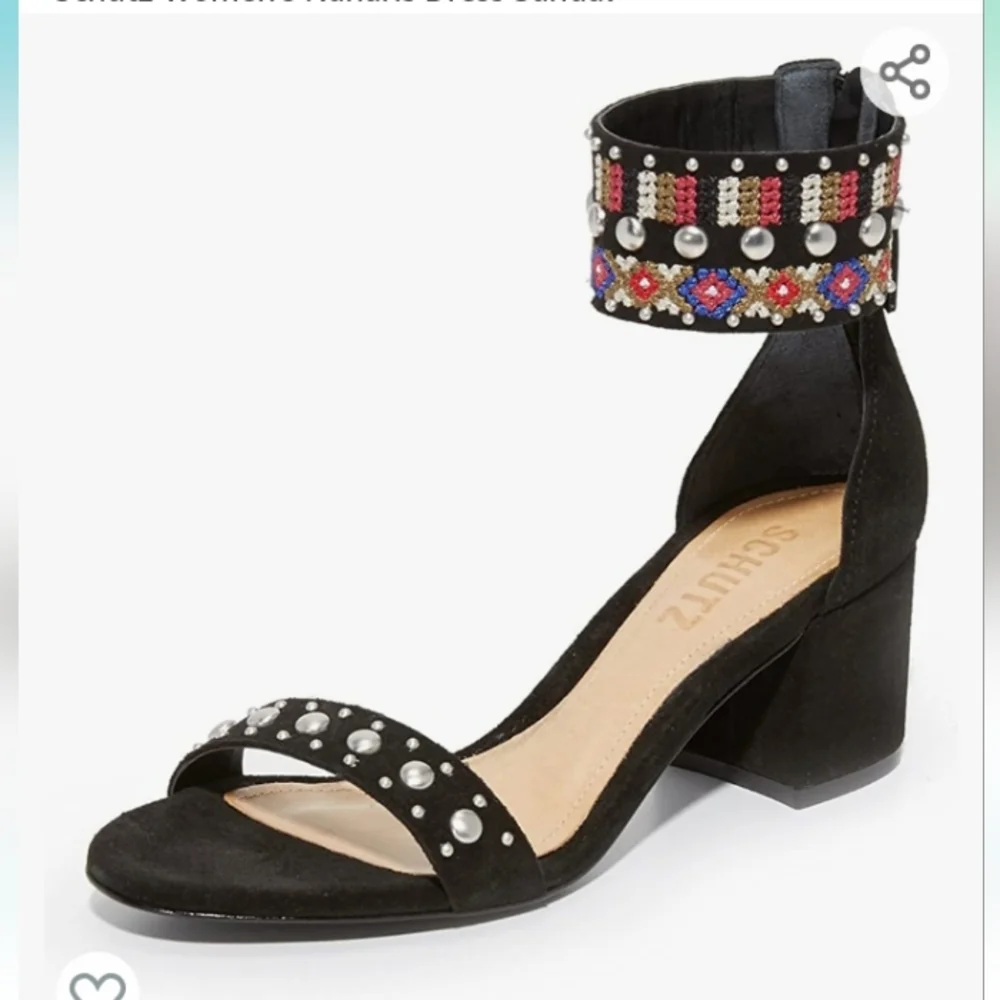 SCHULTZ Studded Embroidered Ankle Strap Chunky Low Heel Sandals